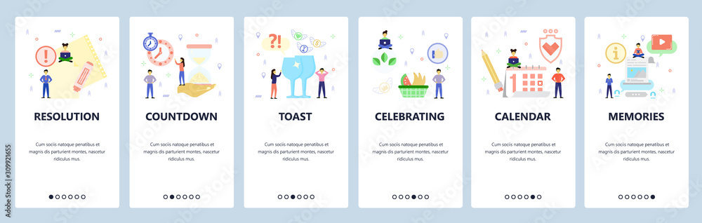 Mobile app onboarding screens. Sandwatch, countdown, holiday, new year, calendar. Menu vector banner template for website and mobile development. Web site design flat illustration Mobile app onboarding screens. Sandwatch, countdown, holiday, new year, calendar. Menu vector banner template for website and mobile development. Web site design flat illustration