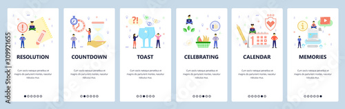 Mobile app onboarding screens. Sandwatch, countdown, holiday, new year, calendar. Menu vector banner template for website and mobile development. Web site design flat illustration