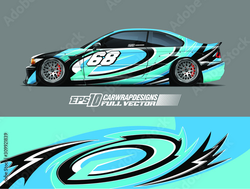 Racing car wrap design vector. Graphic abstract stripe racing background kit designs for wrap vehicle, race car, rally, adventure and livery. Full vector eps 10