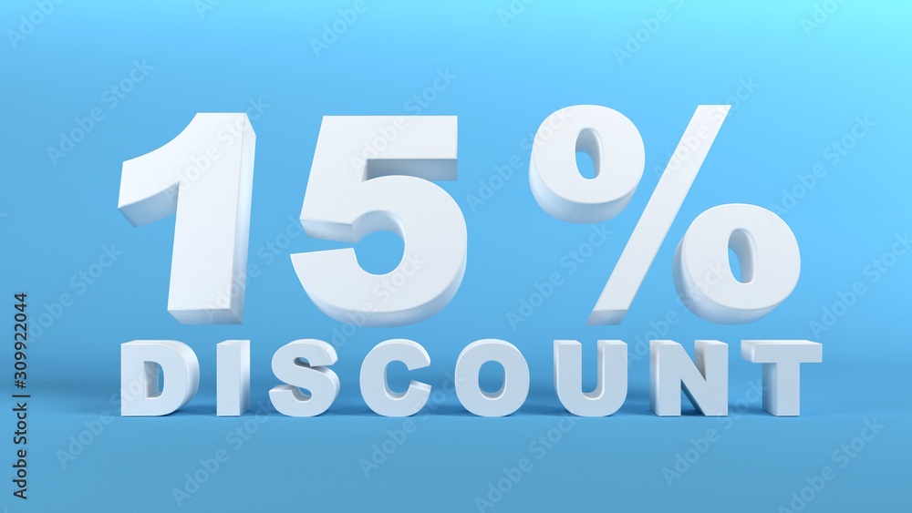15 Percent Discount in white 3D text on light blue background, 3d render 15 Percent Discount in white 3D text on light blue background, 3d render