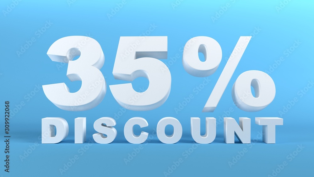 35 Percent Discount in white 3D text on light blue background, 3d render