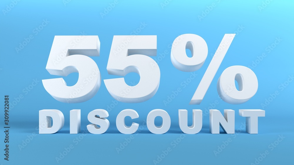 55 Percent Discount in white 3D text on light blue background, 3d render