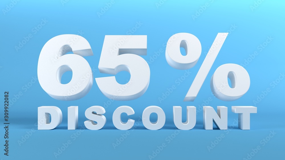 65 Percent Discount in white 3D text on light blue background, 3d render 65 Percent Discount in white 3D text on light blue background, 3d render