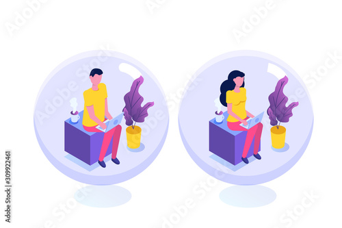 Personal space, introvert concept. Meditation, calm flat charact
