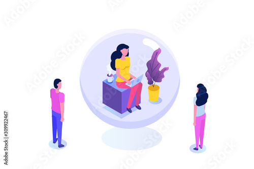 Personal space, introvert concept. Meditation, calm flat charact