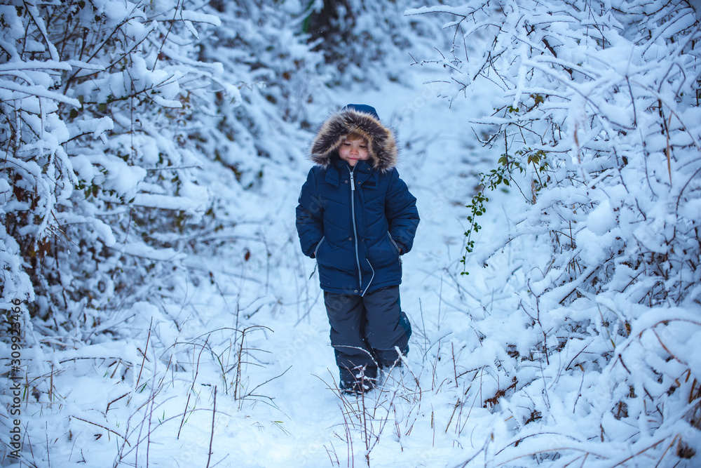 Cute toddler boy playing in winter park in snow outdoors. Little child boy walking in winter field. Kids in winter clothes.