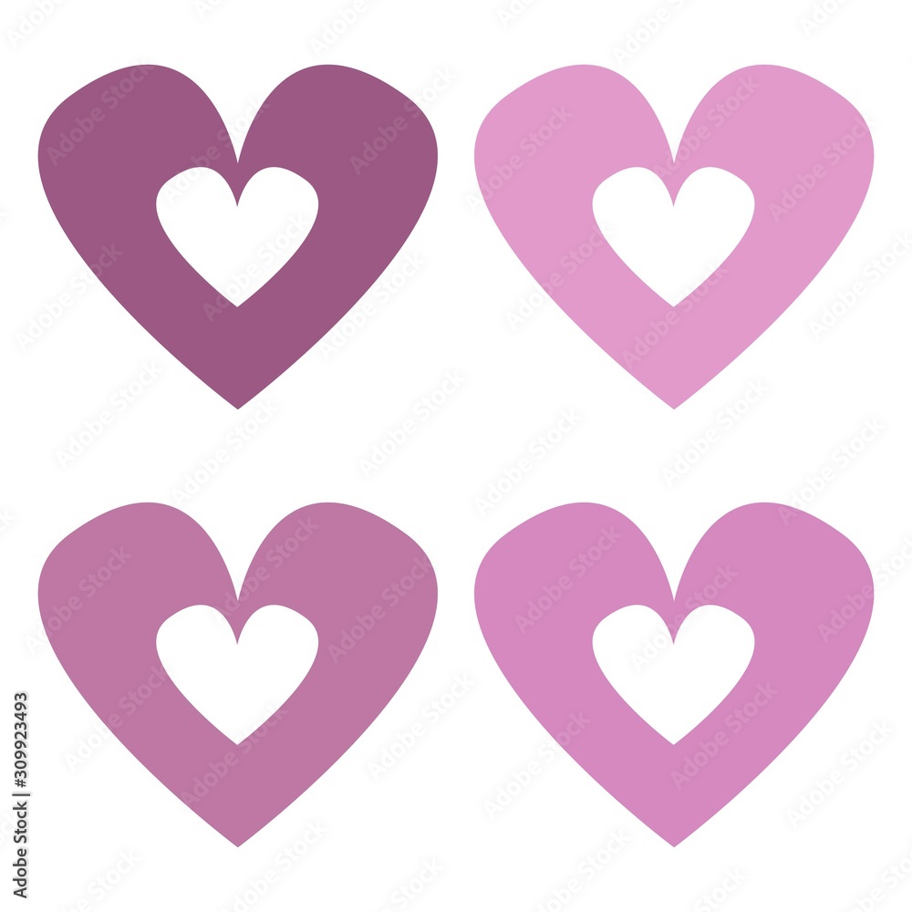 Love, Valentine's Day, 4 pink hearts of different features on white background, isolated vector illustration