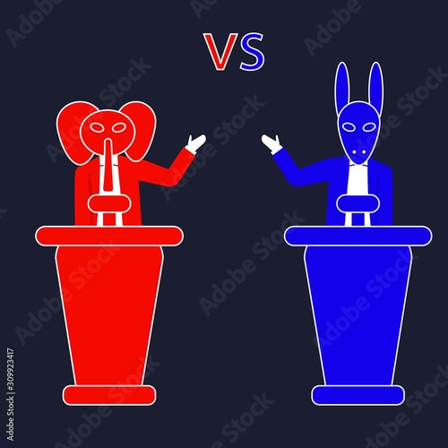 Democratic emblem and Republican sign against each other debate, election, politics red and blue, elephant vs. donkey isolated background vector illustration