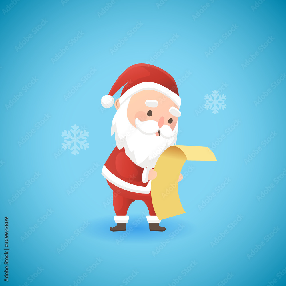 Obraz premium Festive Christmas funny Santa Claus holding gift list, vector illustration.