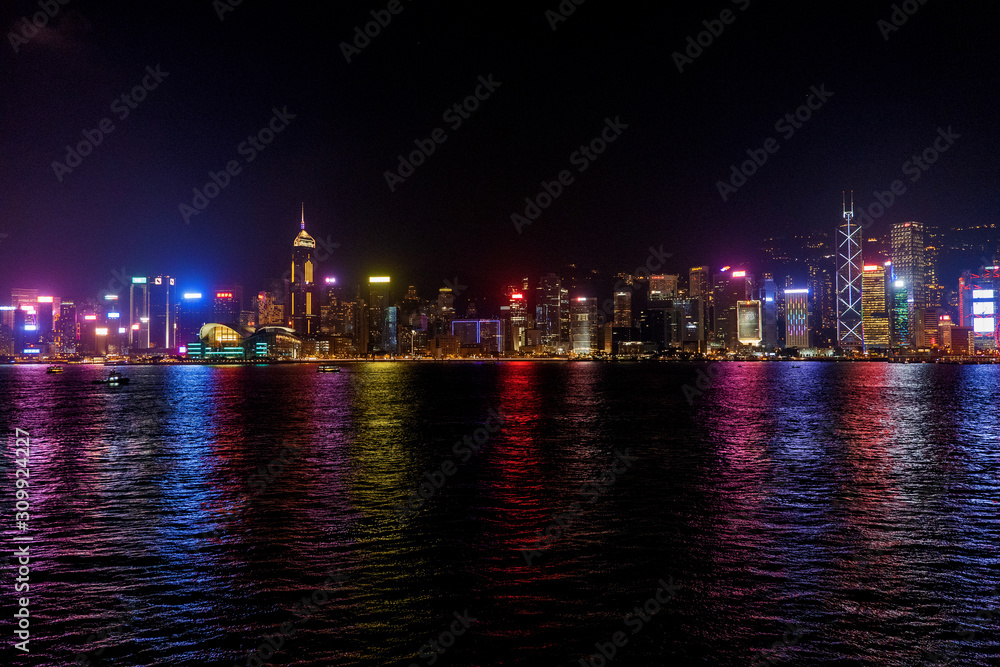 Fototapeta premium Night Cityscape of Hong Kong Light Show