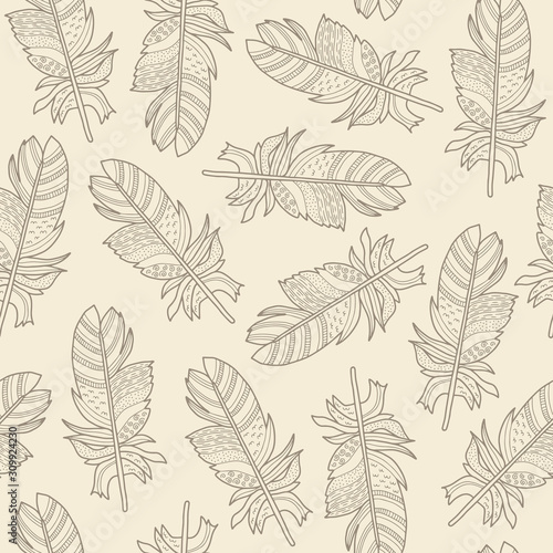 Vector feather texture pattern in brown and beige. Simple outline plume hand drawn made into repeat. Great for background, wallpaper, wrapping paper, packaging, fashion.