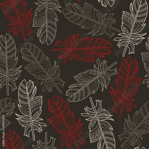 Vector feather texture pattern in black, white, red. Simple outline plume hand drawn made into texture repeat. Great for background, wallpaper, wrapping paper, packaging, fashion.