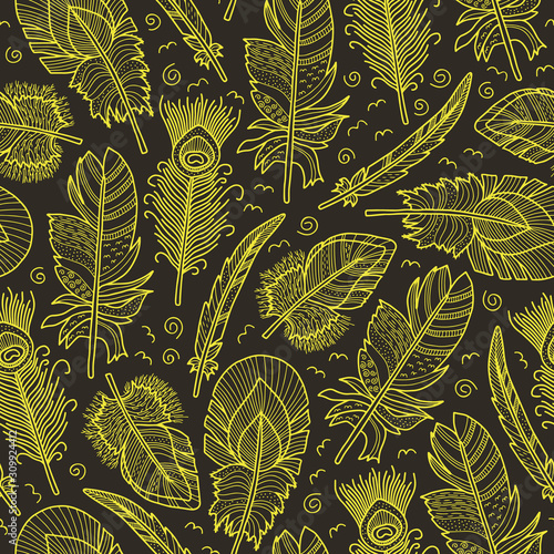 Vector feather texture pattern in black and yellow. Simple outline plume hand drawn made into texture repeat. Great for background, wallpaper, wrapping paper, packaging, fashion.