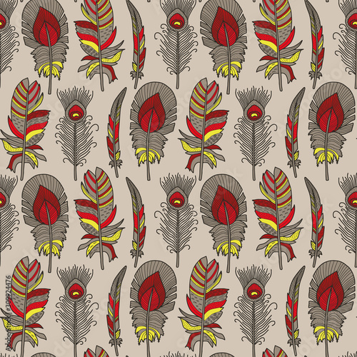 Vector feather pattern in grey, red, yellow. Simple colorful plume hand drawn made into horizontal repeat. Great for background, wallpaper, wrapping paper, packaging, fashion.