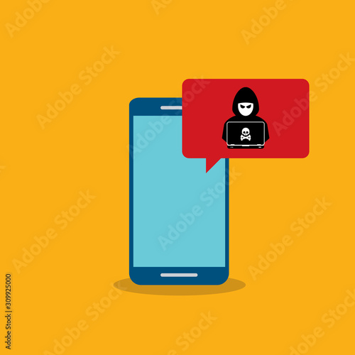 Malware notification on smartphone vector.Mobile phone with hacker, skull, bones, bubble speech red alert, concept of spam data, fraud internet error message, insecure connection, online scam, virus.