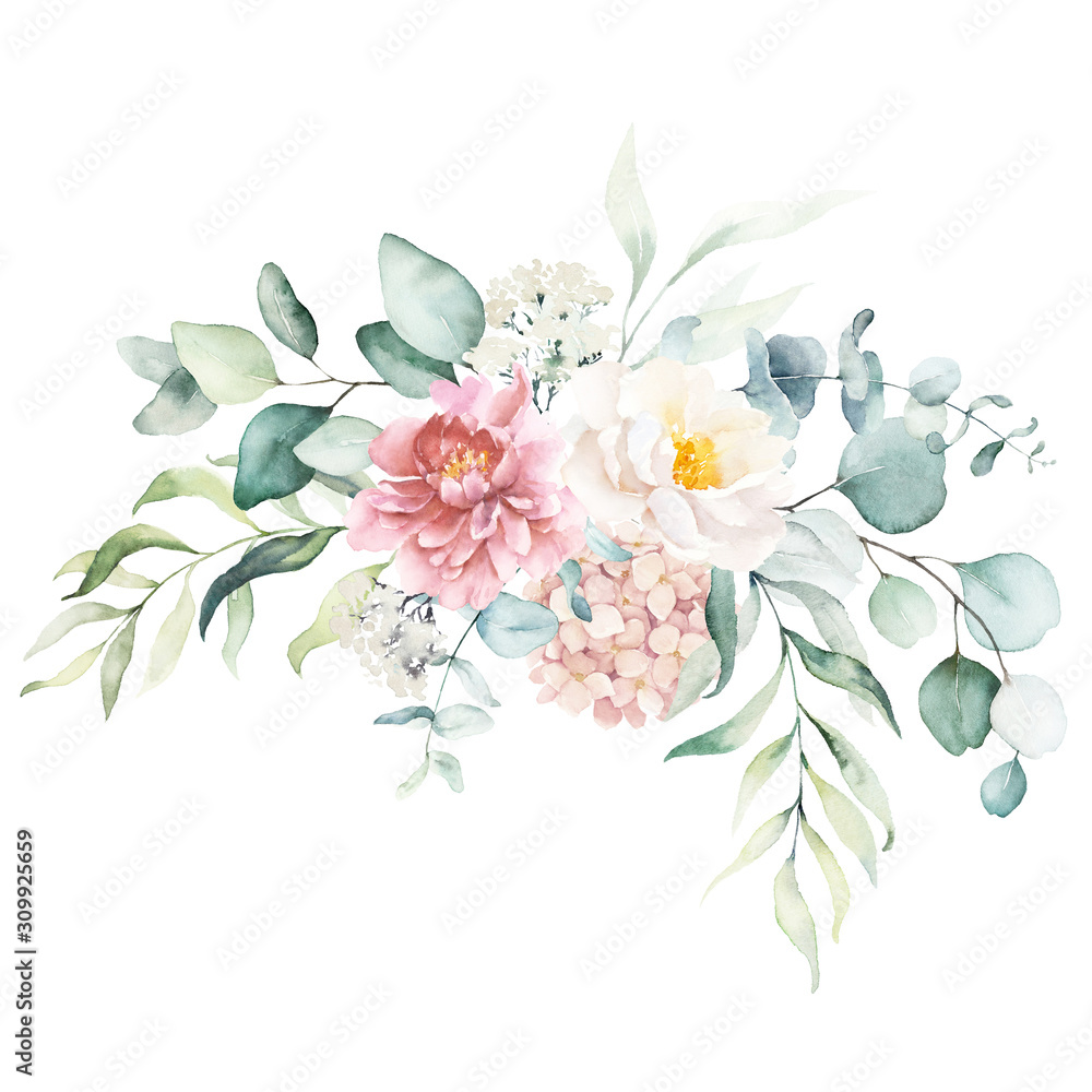 Obraz Akwarela ilustracja kwiatowy - bukiet z jasnymi różowymi żywymi kwiatami, zielonymi liśćmi, dla papeterii ślubnej, pozdrowienia, tapety, moda, tła, tekstury, DIY, opakowania, karty.