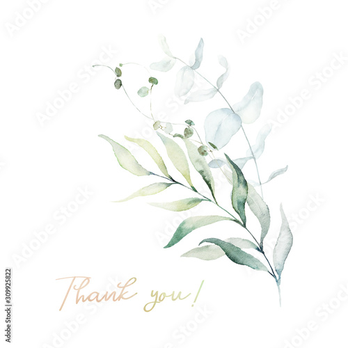 Watercolor floral illustration bouquet - green leaf branch collection, for wedding stationary, greetings, wallpapers, fashion, background. Eucalyptus, olive, green leaves, etc.