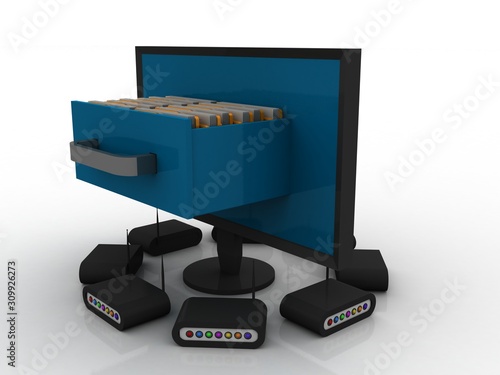 Obraz na płótnie 3d rendering computer folder network connected wifi modem