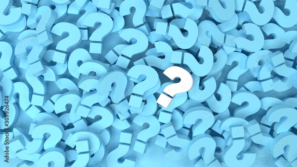 White question mark on a background of blue question marks. 3d