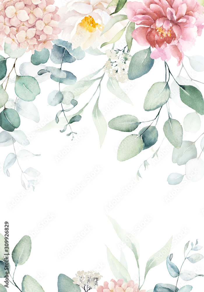 Watercolor floral illustration - frame / border with pink & peach cream  flowers, green leaves, for wedding stationary, greetings, wallpapers,  fashion, background. Eucalyptus, olive, green leaves, etc. Stock  Illustration | Adobe Stock