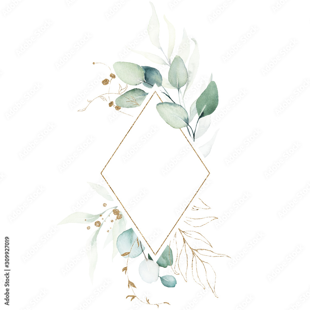 Watercolor floral illustration - leaves and branches wreath / frame ...