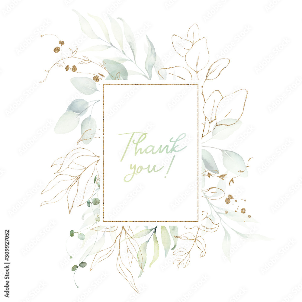 Watercolor floral illustration - leaves and branches wreath / frame with gold geometric shape, for wedding stationary, greetings, wallpapers, fashion, background. Eucalyptus, olive, green leaves, etc.