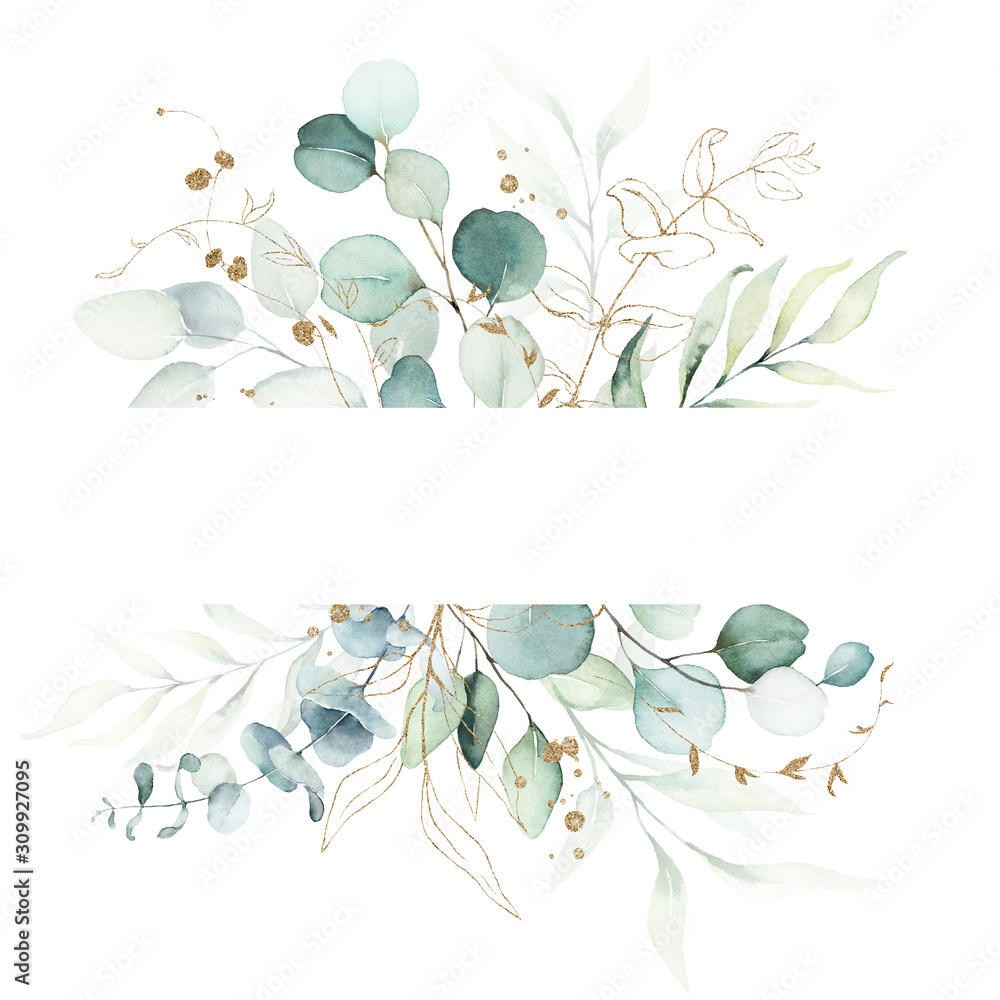 Obraz Akwarela ilustracja kwiatowy - zielony i złoty liść ramki / obramowania, na ślub papeterii, pozdrowienia, tapety, moda, tło. Eukaliptus, oliwka, zielone liście itp.
