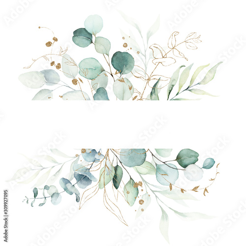 Obraz na płótnie Akwarela ilustracja kwiatowy - zielony i złoty liść ramki / obramowania, na ślub papeterii, pozdrowienia, tapety, moda, tło. Eukaliptus, oliwka, zielone liście itp.