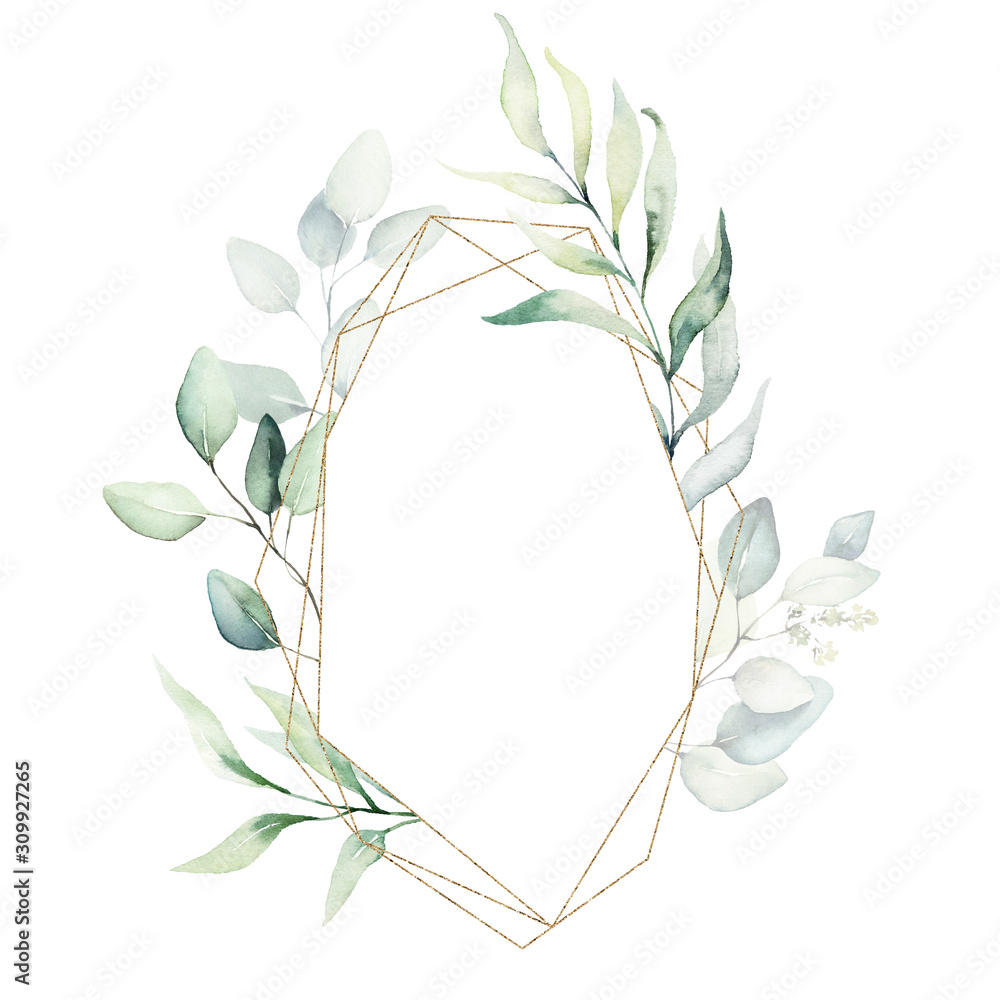 Watercolor floral illustration - leaves and branches wreath / frame ...