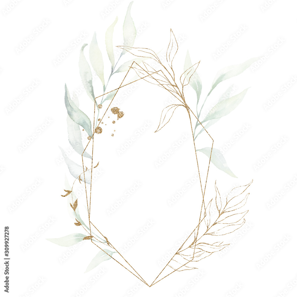 Watercolor floral illustration - leaves and branches wreath / frame ...