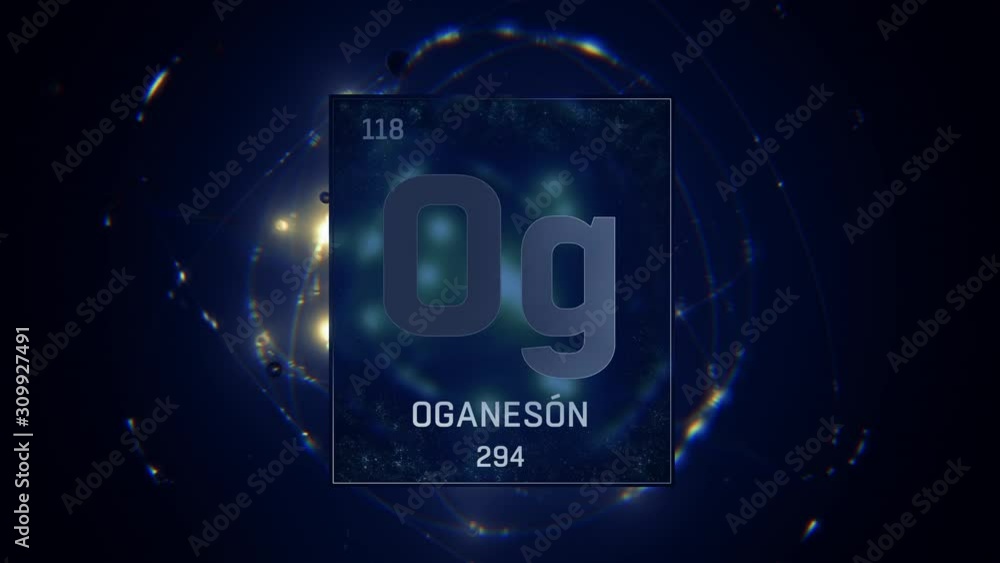 3D illustration of Oganesson as Element 118 of the Periodic Table. Blue illuminated atom design background with orbiting electrons. Name, atomic weight, element number in Spanish language 3D illustration of Oganesson as Element 118 of the Periodic Table. Blue illuminated atom design background with orbiting electrons. Name, atomic weight, element number in Spanish language