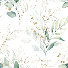 Handdoek met foto Aquarel bladerprint patronen Aquarel bloemen met gouden bladeren  © Veris Studio