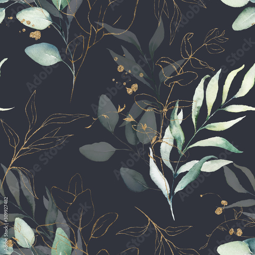 Seamless watercolor floral pattern - green & gold leaves, branches compositio...