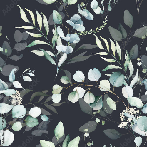 Fototapet Seamless watercolor floral pattern - green leaves and branches composition on black background, perfect for wrappers, wallpapers, postcards, greeting cards, wedding invitations, romantic events