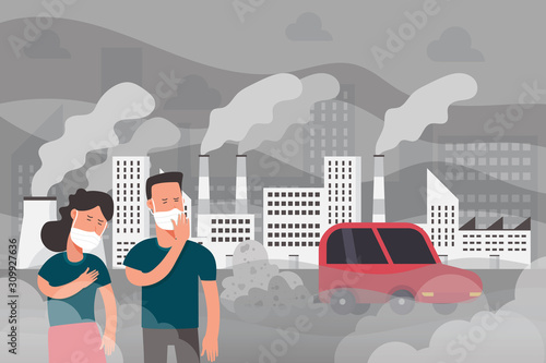 young woman and man wearing masks on theirs face for protecting from air smoke city car pollution, health problem, dust street, industrial smog, toxic, cartoon character flat vector illustration.