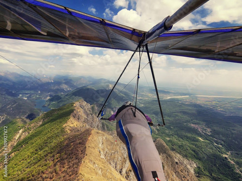 Hang gliding in the mountains.