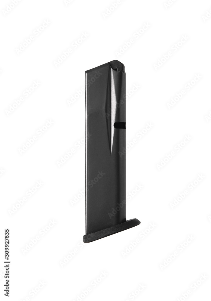 Handgun magazine on white surface. Clip for a modern semi-automatic pistol isolate on a white background. Handgun magazine on white surface. Clip for a modern semi-automatic pistol isolate on a white background.