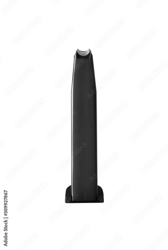 Handgun magazine on white surface. Clip for a modern semi-automatic pistol isolate on a white background. Handgun magazine on white surface. Clip for a modern semi-automatic pistol isolate on a white background.