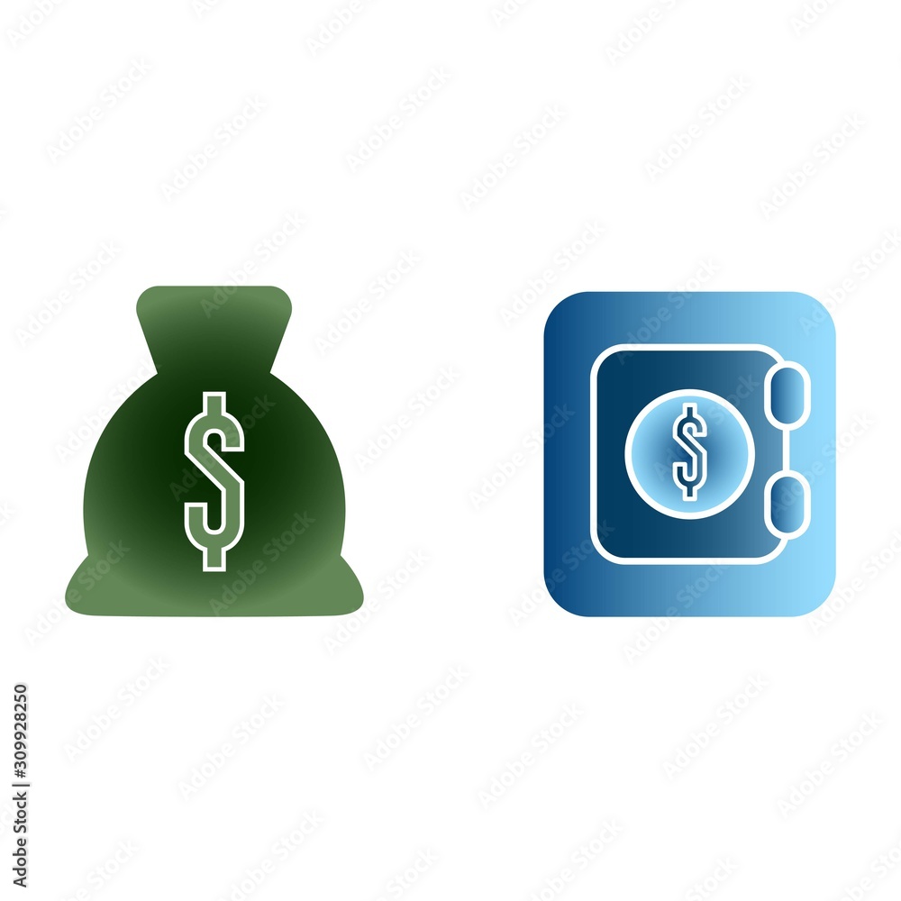 Bag with money of green color dollars and safe of blue color flat icon gradient on white background isolated vector Bag with money of green color dollars and safe of blue color flat icon gradient on white background isolated vector