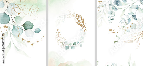 Pre made templates collection, frame - cards with gold and green leaf branches. Wedding ornament concept. Floral poster, invite. Decorative greeting card, invitation design background, birthday party.