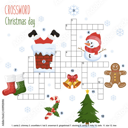 Easy crossword puzzle 'Christmas day', for children in elementary and middle school. Fun way to practice language comprehension and expand vocabulary.Includes answers. Vector illustration.