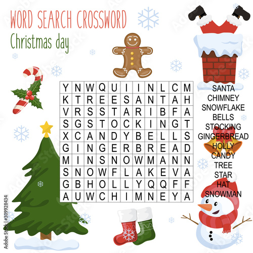 Easy word search crossword puzzle 'Christmas day', for children in elementary and middle school. Fun way to practice language comprehension and expand vocabulary.Includes answers. Vector illustration.