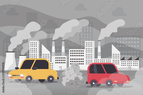 car air pollution, industry pollutant, toxic fume road smoke clouds city, industrial smog, polluted environment, exhaust pipe vehicle carbon dioxide, flat cartoon vector illustration.