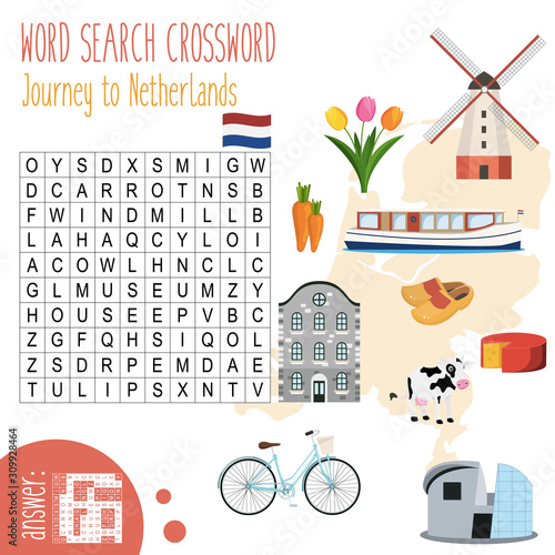 Easy crossword puzzle 'Journey to Netherlands', for children in elementary and middle school. Fun way to practice language comprehension and expand vocabulary. Includes answers. Vector illustration.