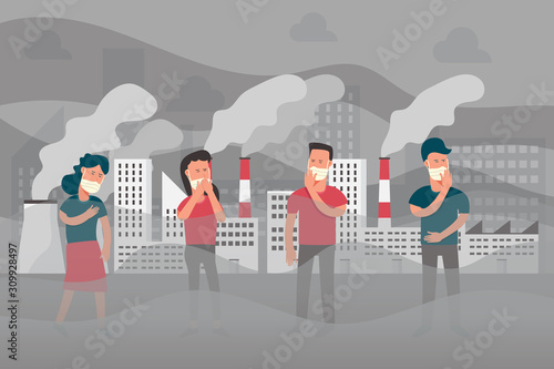group of people wearing masks on theirs face for protecting from air smoke factory pollution, health problem, dust street, industrial smog, toxic city, cartoon character flat vector illustration.