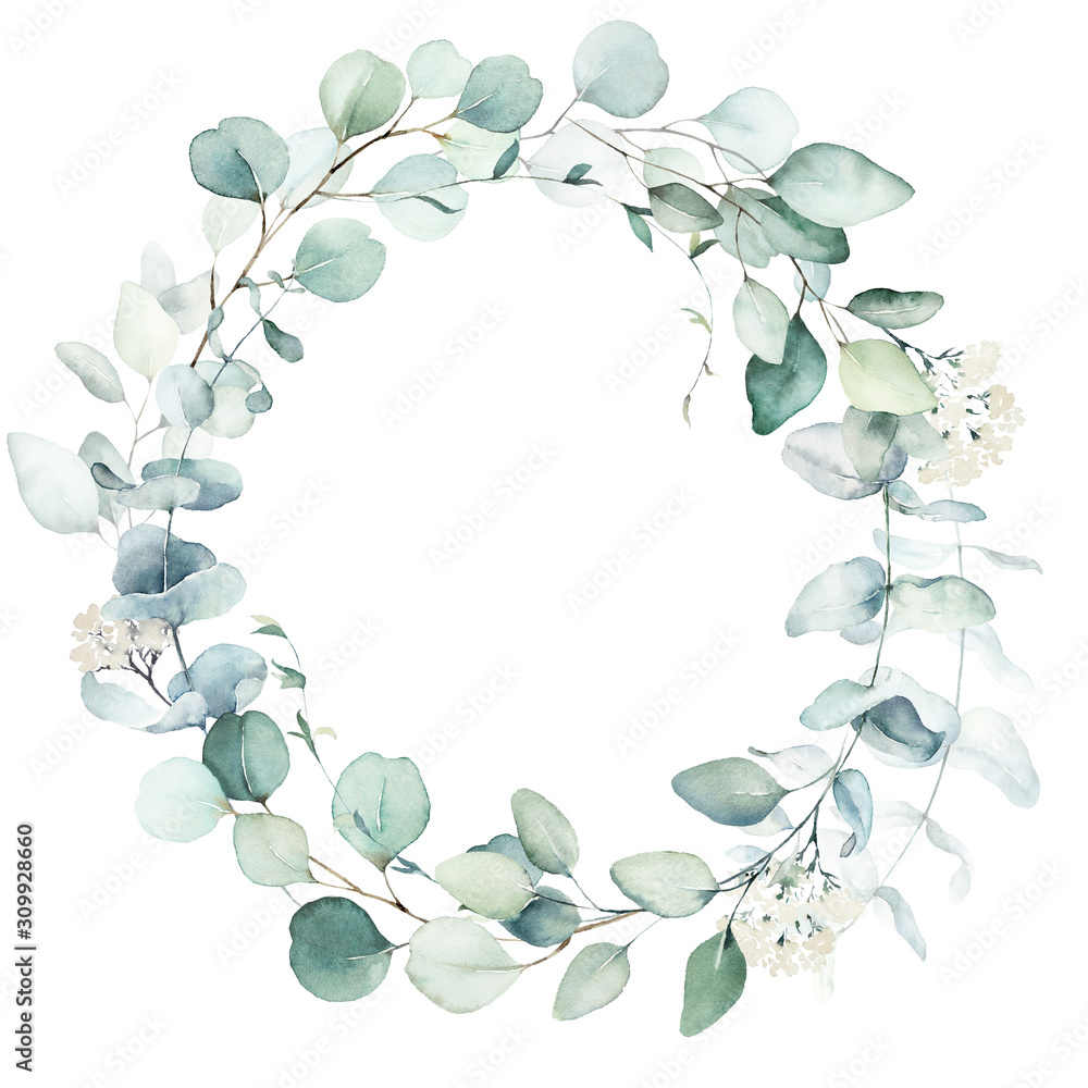 Watercolor floral illustration - green leaves and branches wreath / frame, for wedding stationary, greetings, wallpapers, fashion, background. Eucalyptus, olive, green leaves, etc.