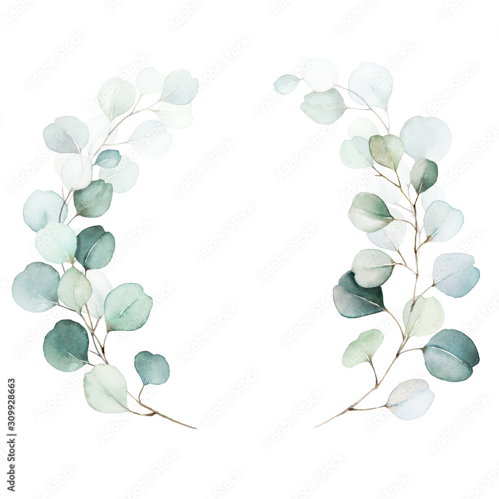 Obraz premium Watercolor floral illustration - green leaves and branches wreath / frame, for wedding stationary, greetings, wallpapers, fashion, background. Eucalyptus, olive, green leaves, etc.