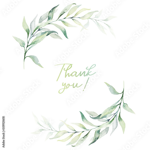 Watercolor floral illustration - green leaves and branches wreath / frame, for wedding stationary, greetings, wallpapers, fashion, background. Eucalyptus, olive, green leaves, etc.