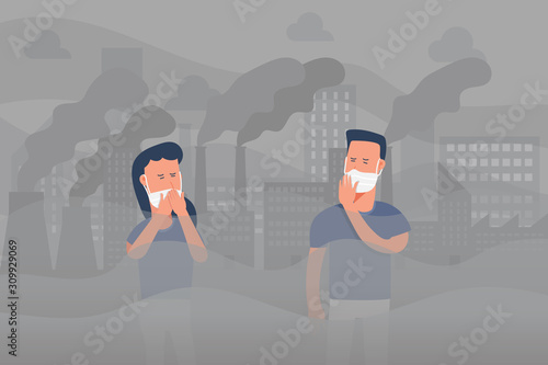 people walking on street and wearing face masks for protecting from air smoke factory pollution, health problem, dust, industrial smog, toxic city, cartoon character flat vector illustration.