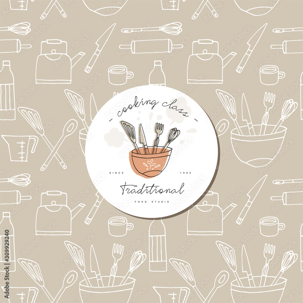 Fotografie Vector hand drawing engraving seamless pattern with design template label or logo for cooking courses